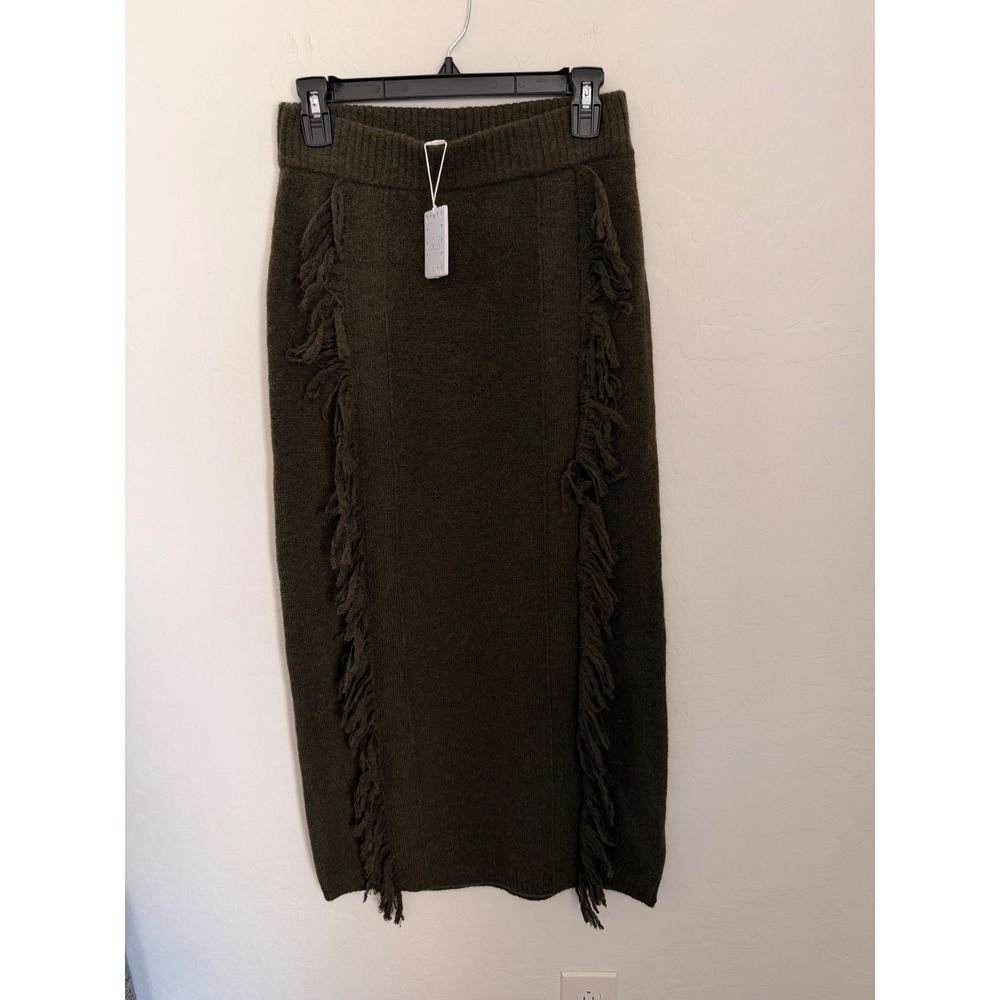 Le ALX Olive Green Fringe Knit Midi Skirt Sz Small NWT Boho Western Wool Blend